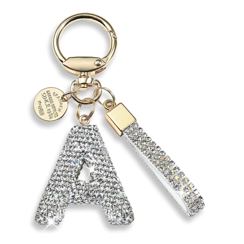 Pink Blue White Initial Letter Keychain Gift for Women Girls Bling Sparkly Cute